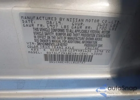 2020 Nissan Versa Sv Xtronic Cvt из США, поврежденный, VIN 3N1CN8EV2LL810757